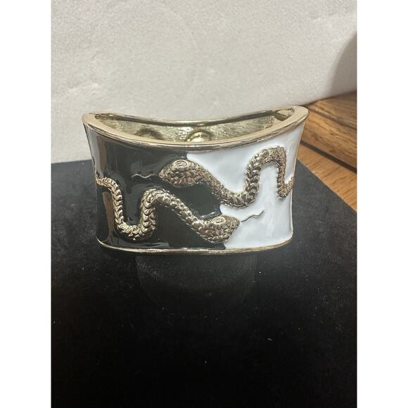 Sequin Nordstrom SERPENT Black White Tone Statement Enamel Bangle Bracelet #226 - Picture 2 of 4